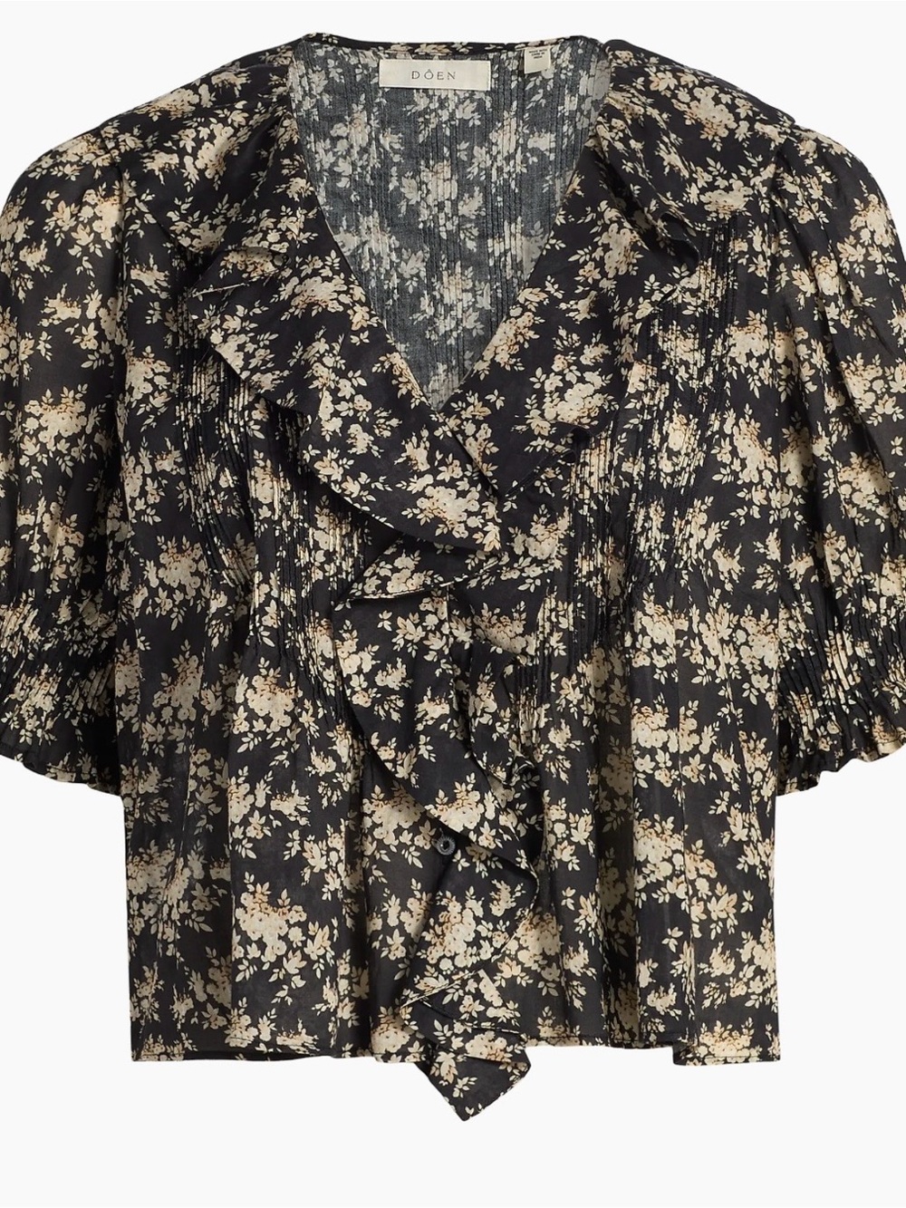 Doen Black and Cream Floral Ruffle Blouse